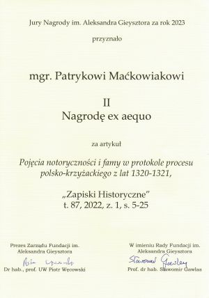 Nagroda im. Aleksandra Gieysztora dla mgr. Patryka Maćkowiaka